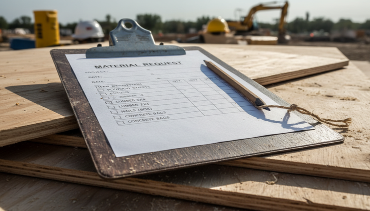 Close-up view of a labeled material request clipboard resting on stacked plywood.