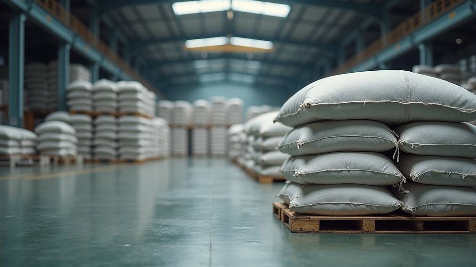 Eye-level view of cement bags stacked in a warehouse