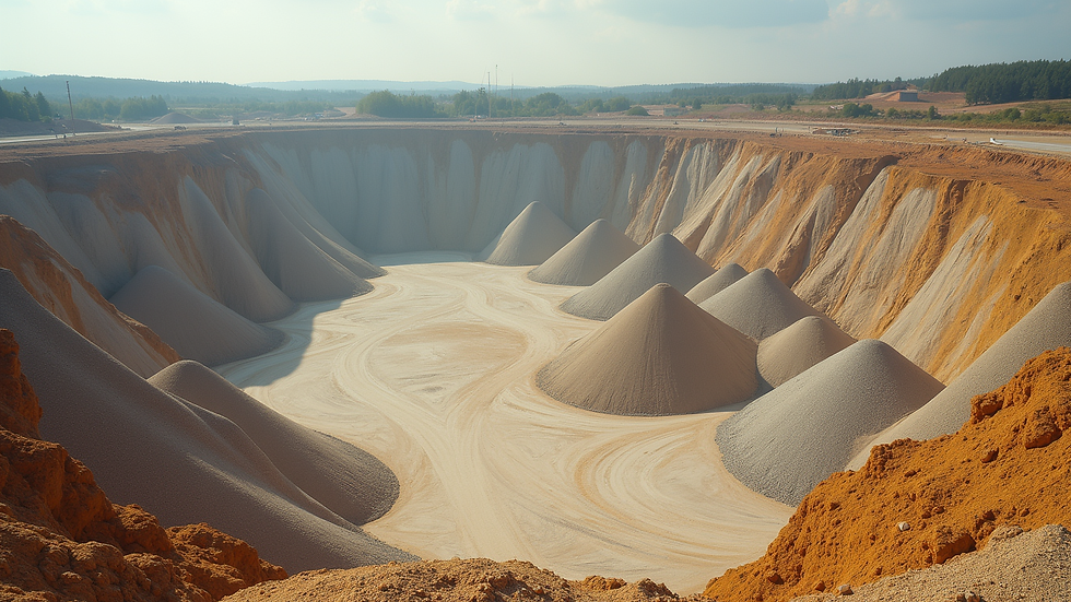 High angle view of a quarry with piles of sand and gravel