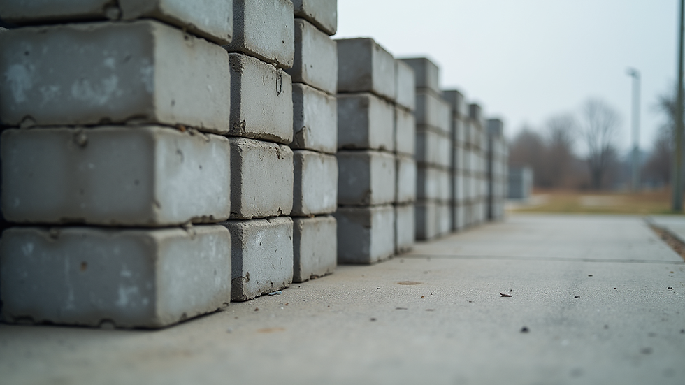 Eye-level view of stacked concrete blocks ready for delivery