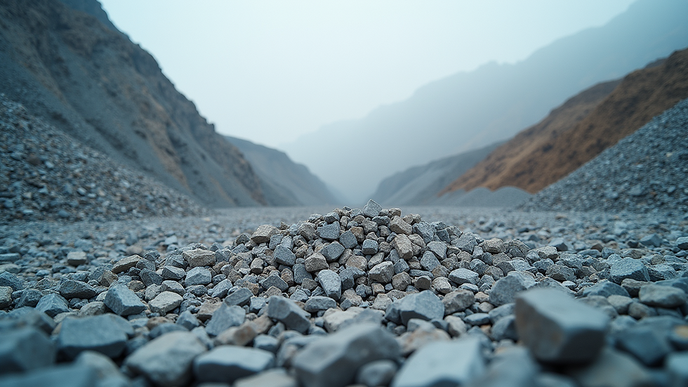 Eye-level view of a large quarry with piles of crushed stone