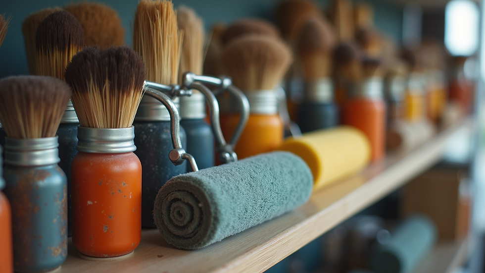 Eye-level view of paintbrushes and rollers displayed on a shelf