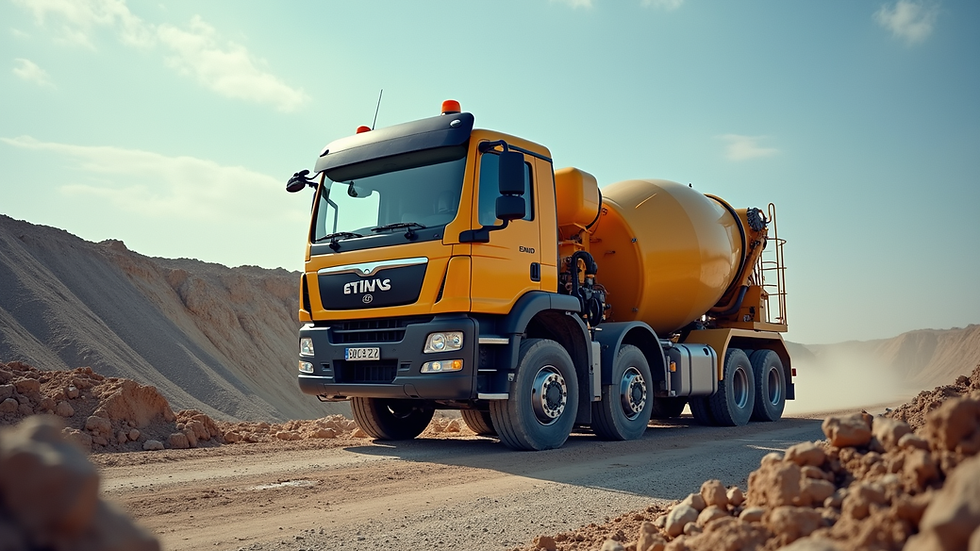 Eye-level view of a ready-mix concrete truck unloading at a construction site