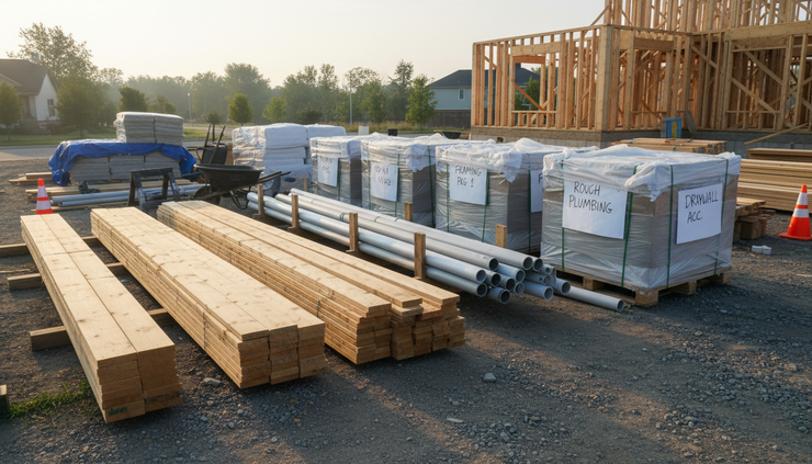 Wide-angle view of a construction material staging area with organized lumber, pipes, and pallets.