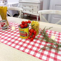 Italian themed bridal shower table with red gingham runner wicker centerpiece and that’s amore sign