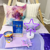 purple sleepover tents with K-pop inspired decor and bold themed accents