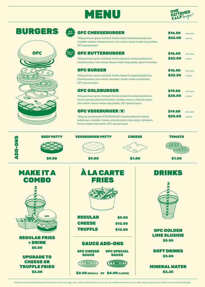 One Fattened Calf menu featuring burgers, fries, drinks and add-ons