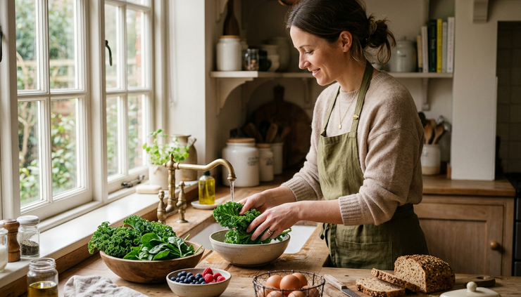 Eye-level view of a person preparing simple ingredients on a kitchen counter.