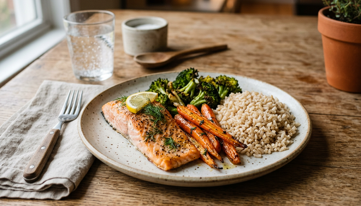 Close-up of a simple dinner plate with salmon, roasted vegetables, and brown rice.