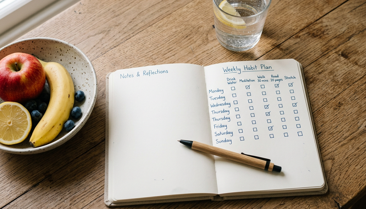 Overhead view of a notebook with a simple weekly habit plan beside a glass of water.