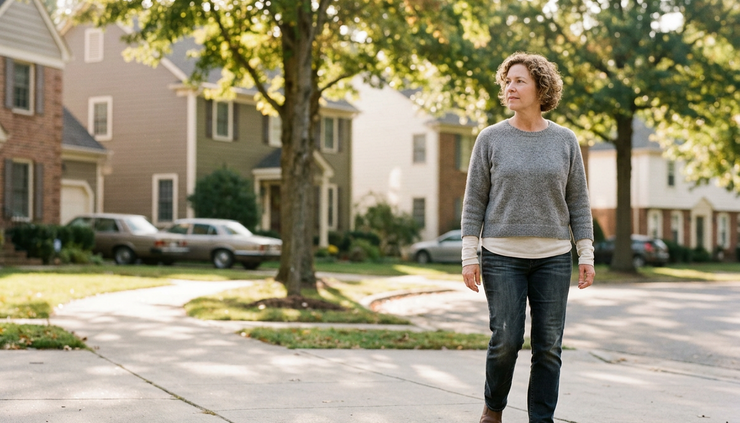 Wide-angle view of a quiet neighborhood sidewalk with one person taking a relaxed walk.