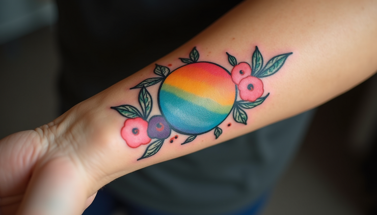 Close-up view of a colorful temporary tattoo on forearm
