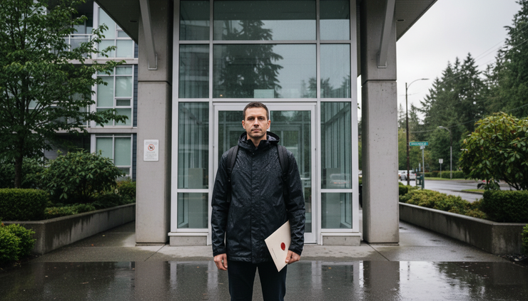 Eye-level view of a courier standing outside an apartment building entrance holding a sealed envelope.