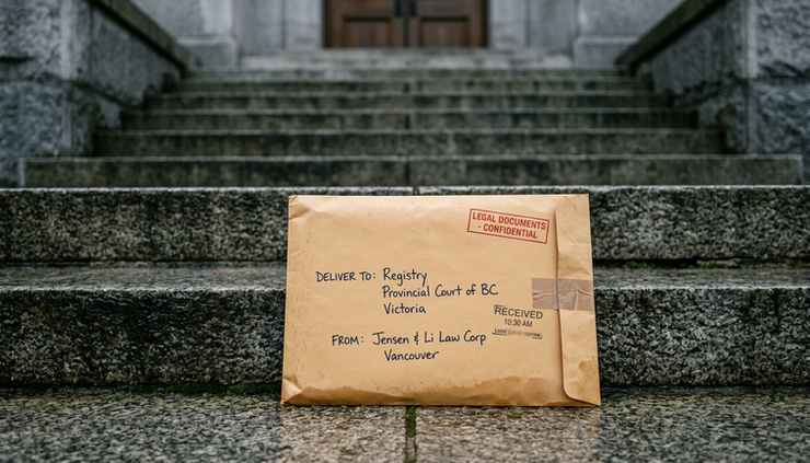 Manila legal envelope labeled confidential sits on stone courthouse steps, addressed to Registry, Provincial Court of BC, Victoria.