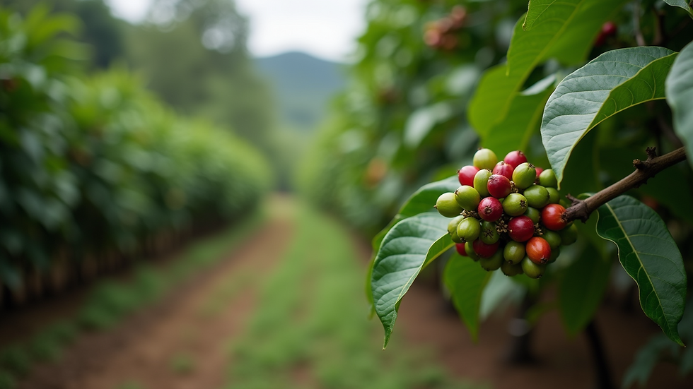 Close-up view of a lush organic coffee plantation