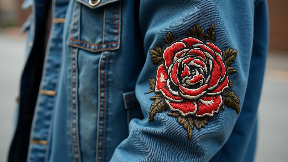 Close-up view of a custom jacket with embroidered details on the sleeve