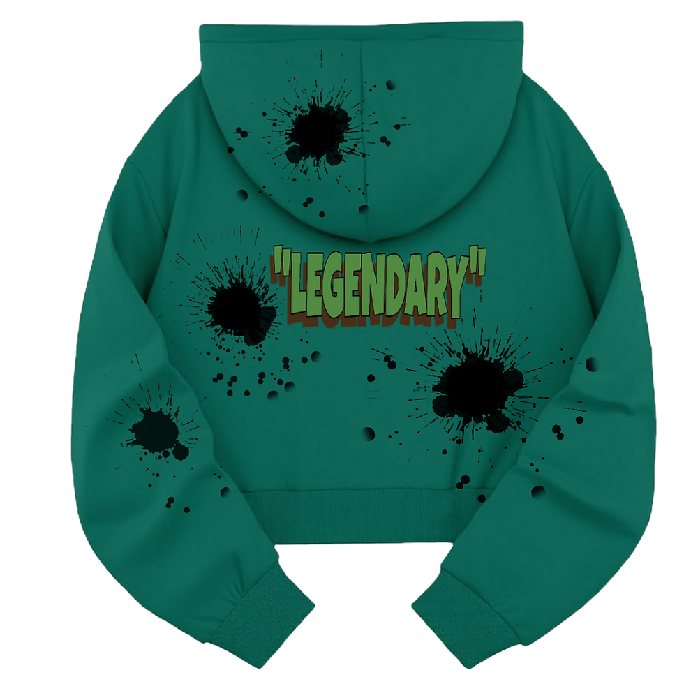 Crop Military Green Hoodie Back View Words Legendary In Olive Green Black Paint Splatter