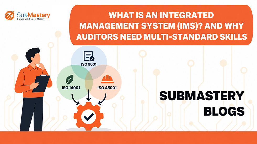 SubMastery blog banner: what is an Integrated Management System (IMS) - ISO 9001, ISO 14001 and ISO 45001 circles merging into one gear, with an auditor holding a clipboard