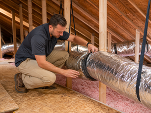 HVAC technician inspecting insulated flexible ductwork in a residential attic.