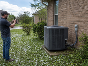 Outdoor AC unit beside a North Texas home after a hailstorm, with a homeowner documenting the condition from a safe distance.