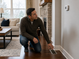 Homeowner checking cool air from a floor vent while looking at a thermostat set to heat.