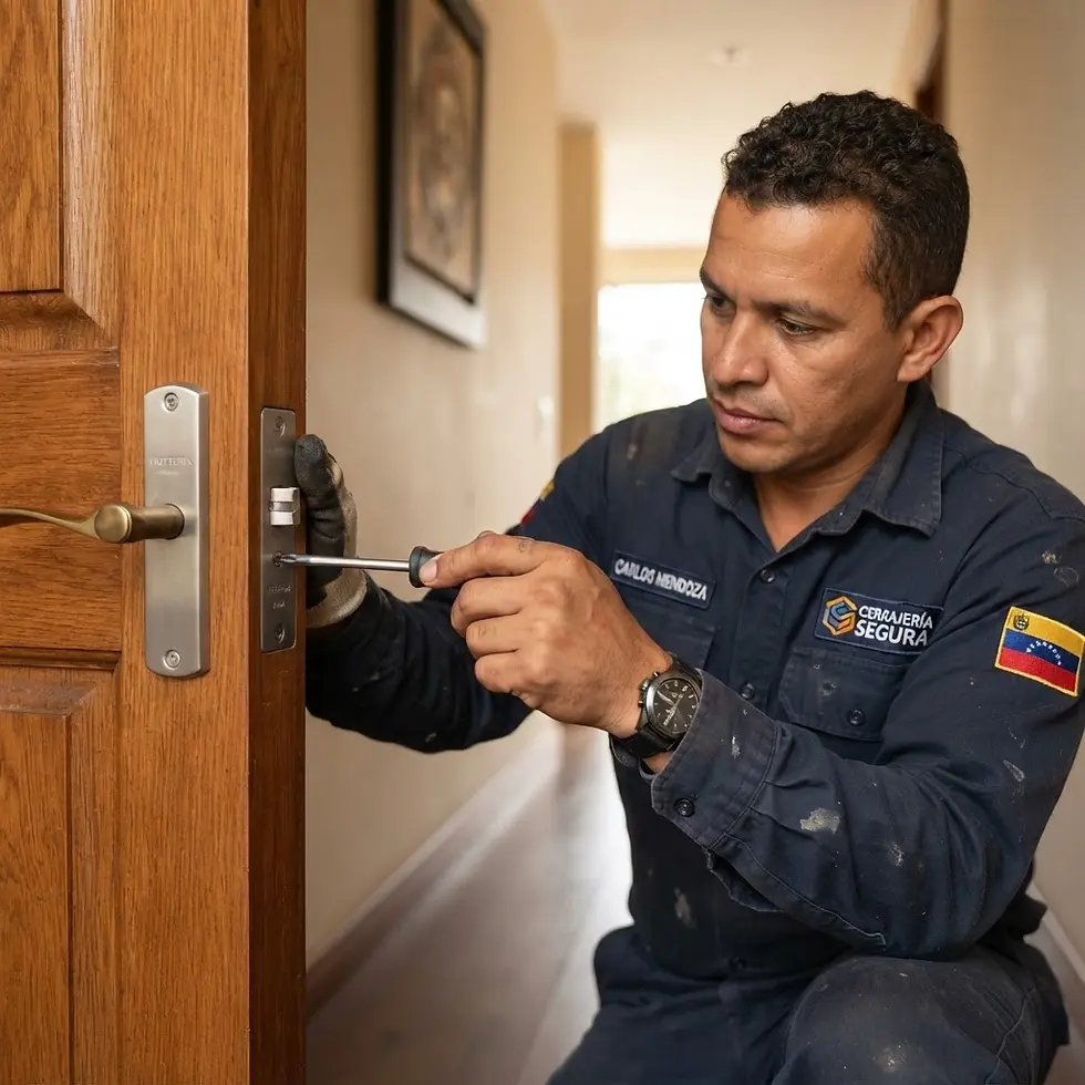 Professional photo of a technician carefully repairing a door lock with a screwdriver. The image conveys focused and diligent work.