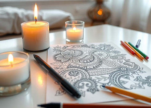 table with doodle art drawing, drawing pencils, scented candles, crystal, healing in paste
