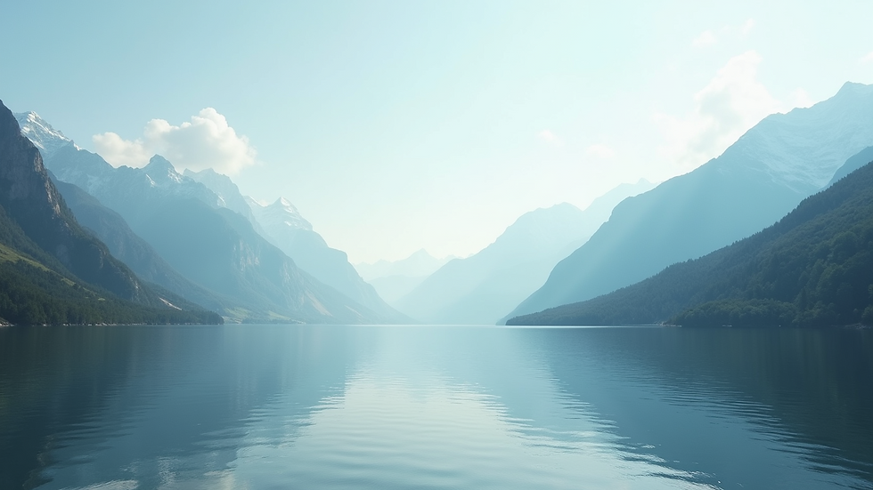 Eye-level view of a serene landscape with a calm lake and surrounding mountains