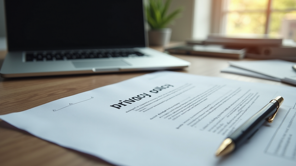 Eye-level view of a desk with a laptop and privacy policy document