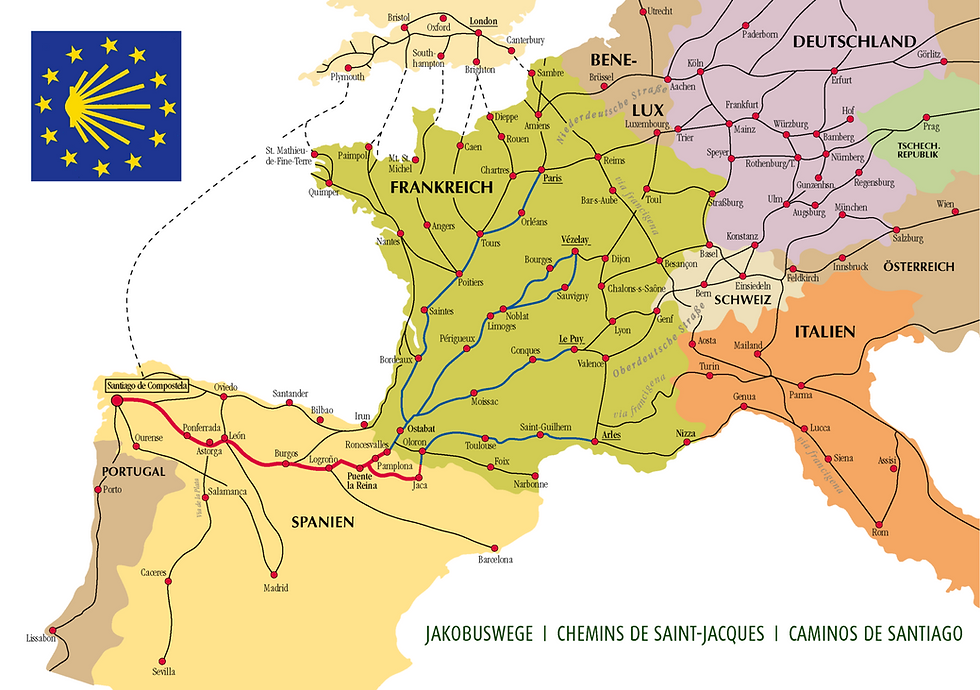 Map showing the Camino de Santiago routes across Europe. Includes major cities and paths, with a blue EU flag at the top left.