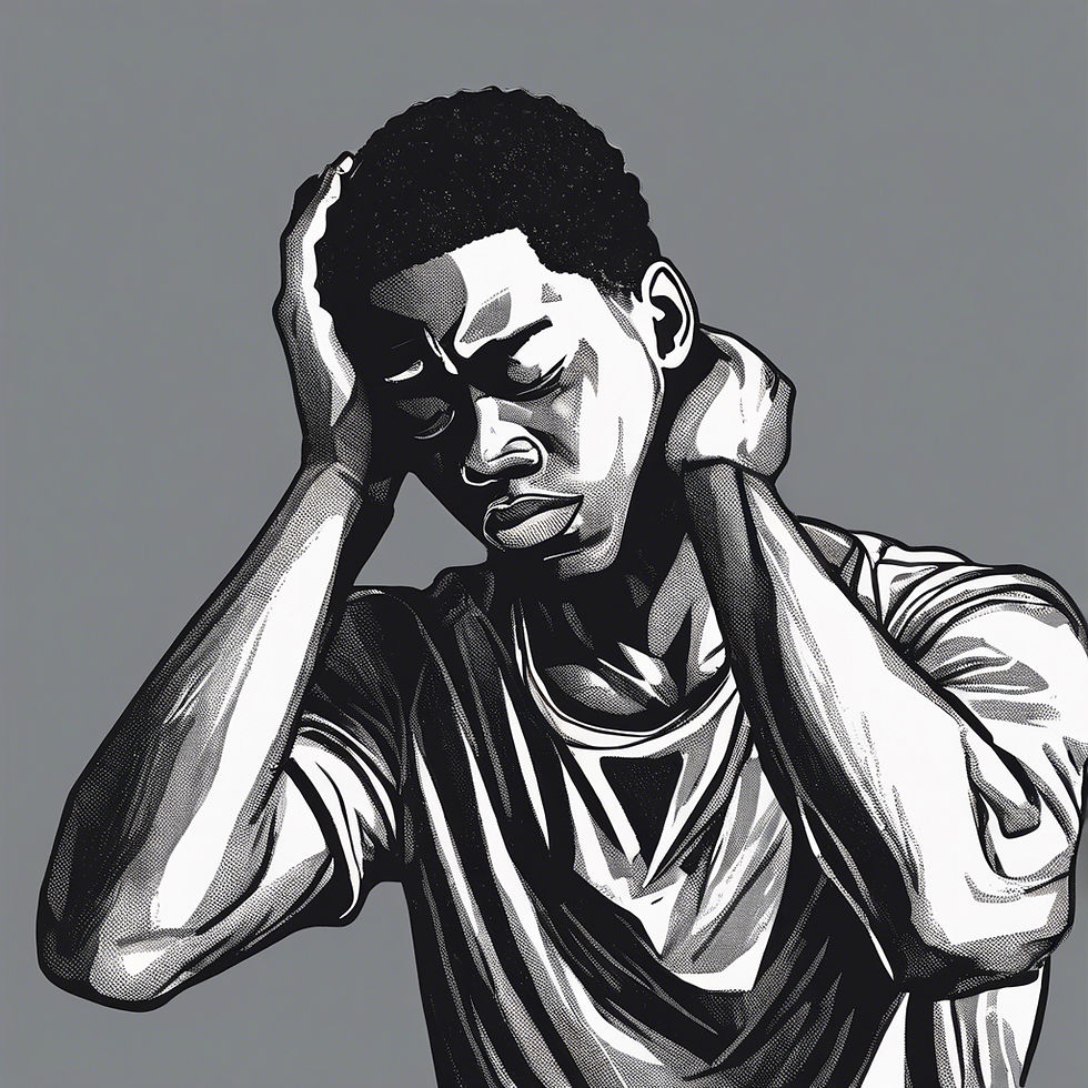 A young African-American man holds his hand over his forehead in pain from a tension headache