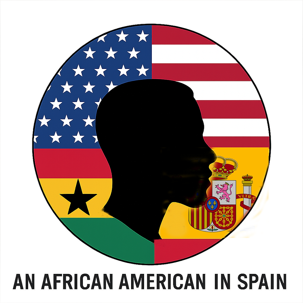 Silhouette of a person on a circle background split into U.S., Ghana, and Spanish flags. Text below reads: "An African American in Spain."