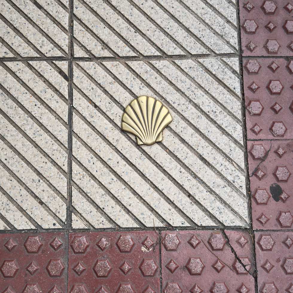 Shell symbol on diagonal-striped tiles, bordered by red hexagon-patterned tiles representing El Camino de Santiago. Urban setting, neutral and earthy color tones.