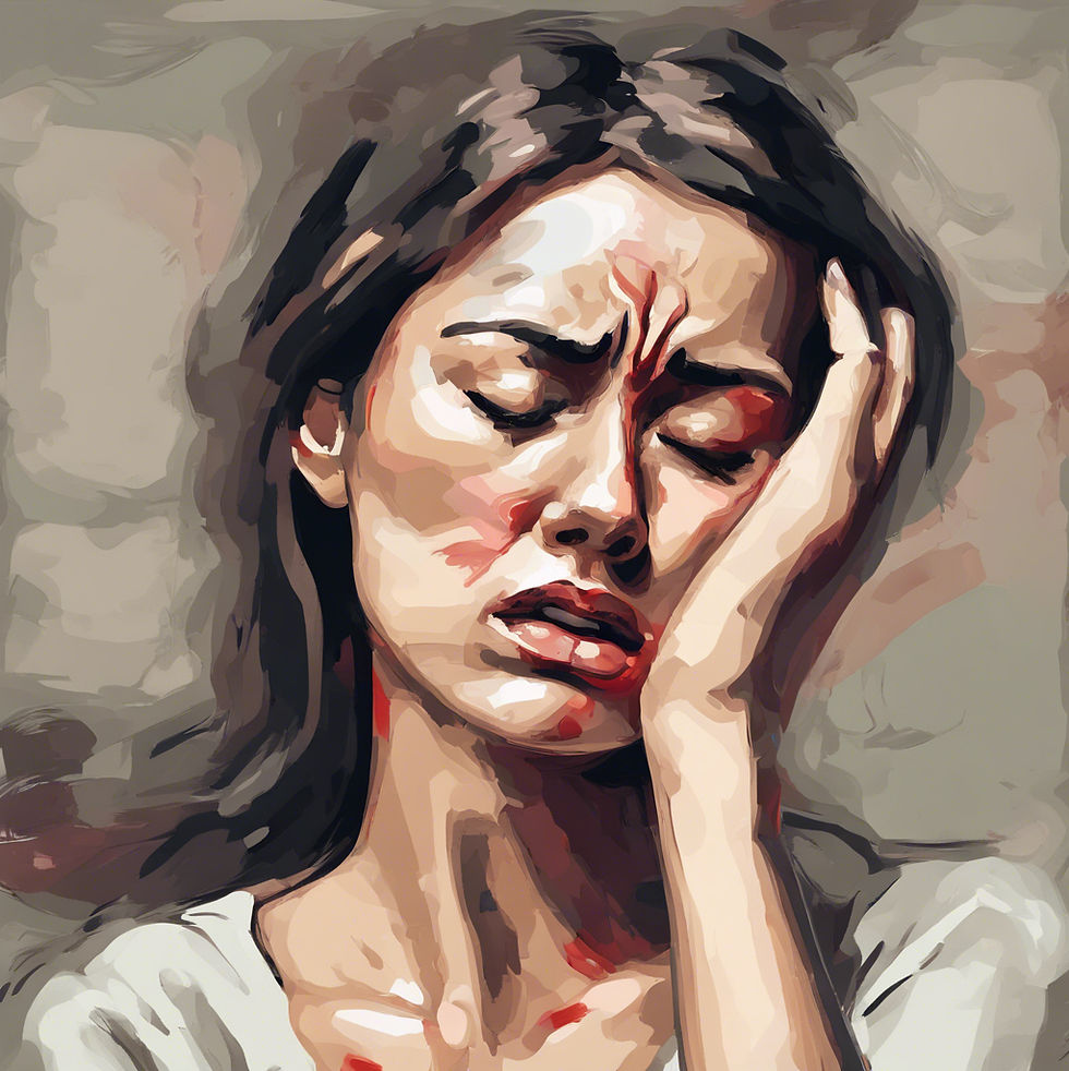 A woman holding one side of her head which is throbbing from migraine