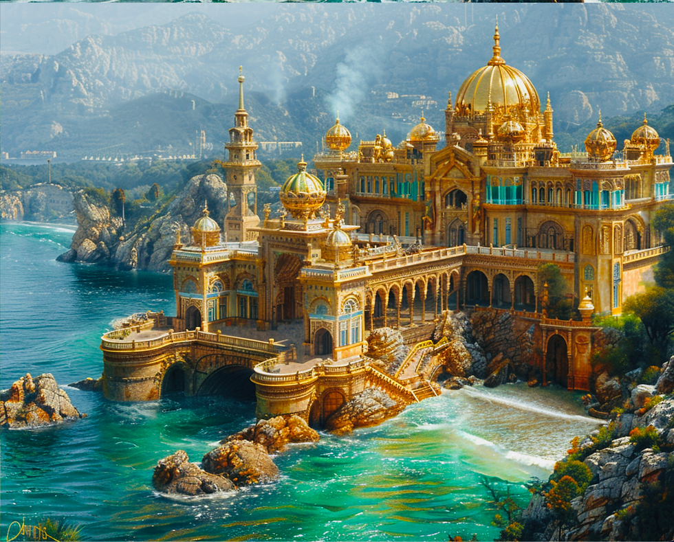 Golden palace with domes and arches sits on a rocky coast, surrounded by turquoise water and mountains. Clouds create a majestic, serene vibe.