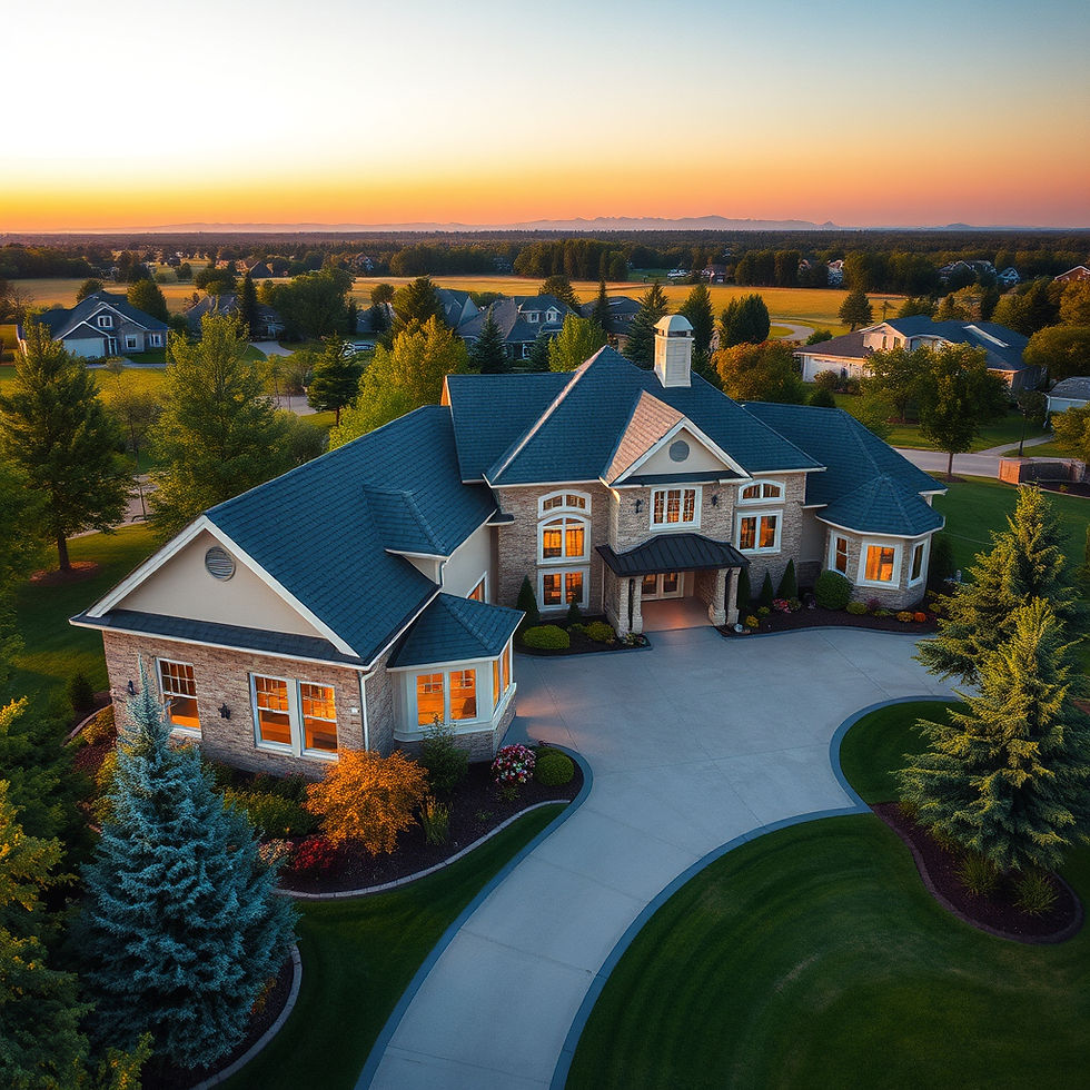 Aerial drone shot of a beautiful home in the evening. Far away, super realistic 4k image.