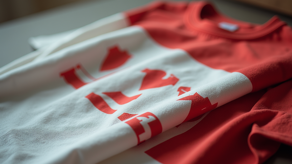 Close-up view of a folded graphic tee with a bold design