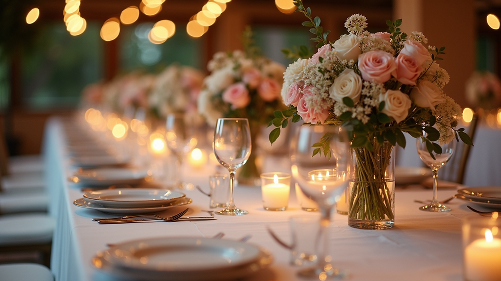 High angle view of an elegant event table setting with floral centerpieces