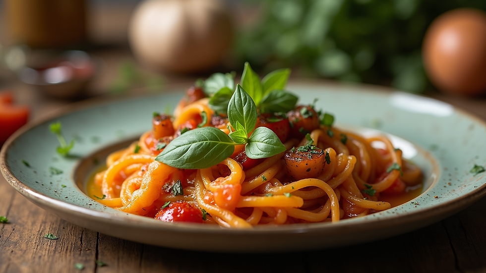 Close-up of a gourmet Mediterranean dish with fresh herbs and vibrant colors