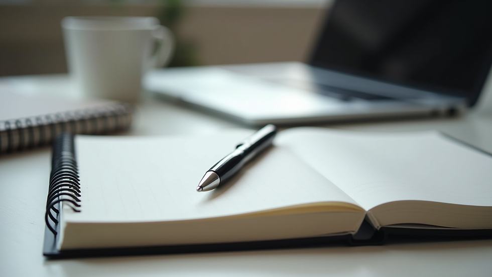 Close-up view of a notebook and pen on a desk beside a laptop