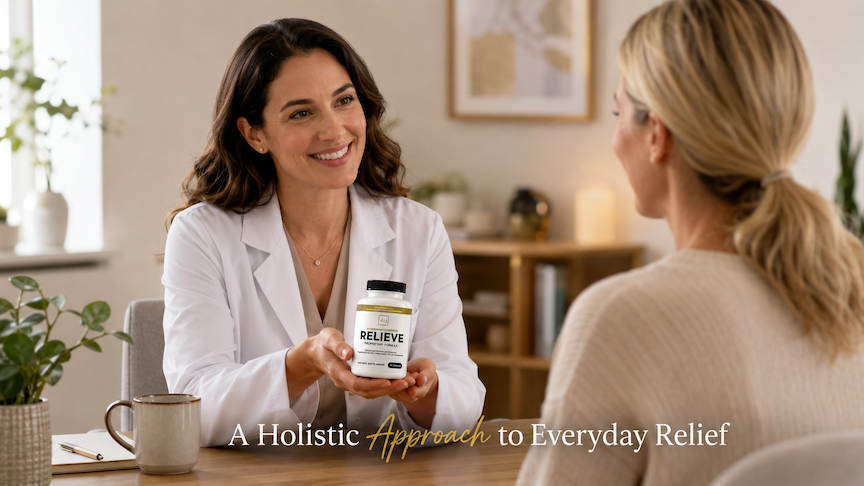 Doctor smiles and offers a RELIEVE supplement bottle to a seated woman in a calm office; text reads A Holistic Approach to Everyday Relief