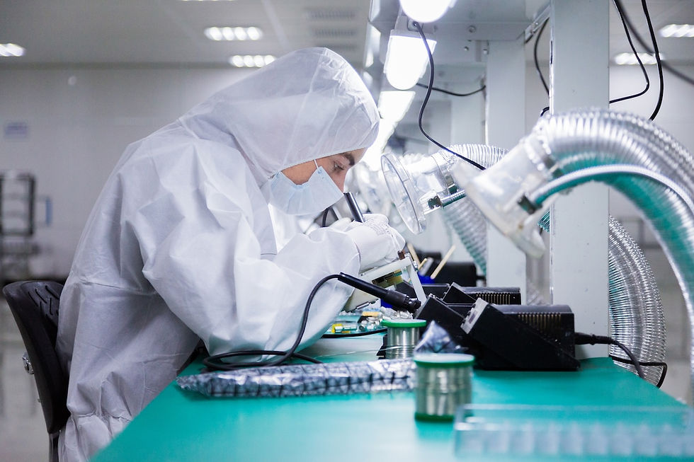A person in protective gear and mask works with a soldering iron in a bright lab, surrounded by electronic equipment and ventilation tubes.