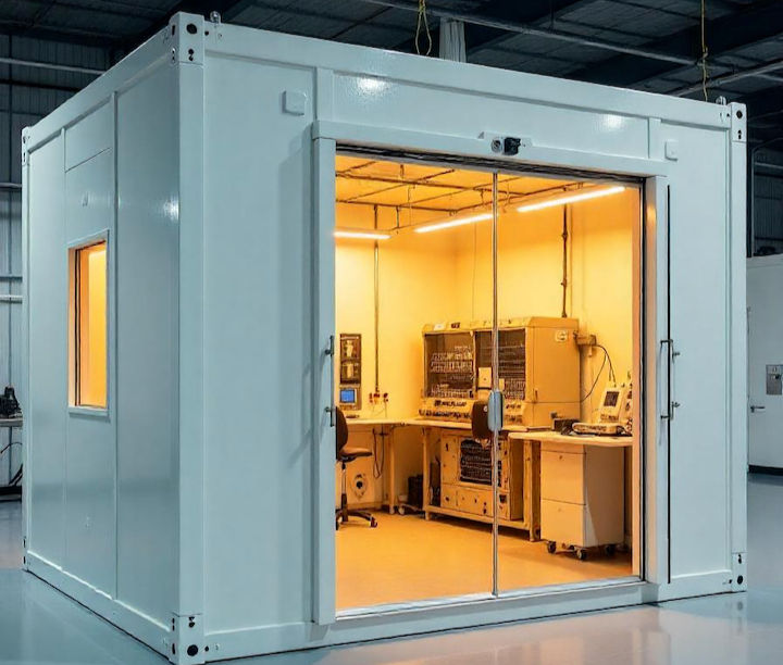 A modular cleanroom with tables and equipment inside, used in the production of electronics.