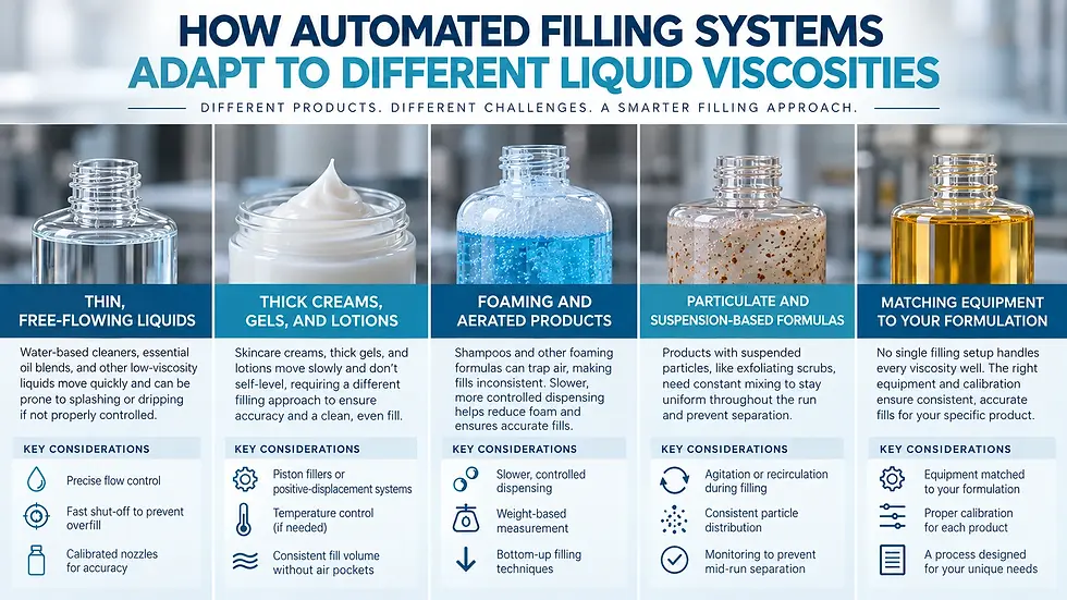 Infographic showing five bottles of liquids from thin to thick, foam and particles, titled How Automated Filling Systems Adapt to Different Liquid Viscosities