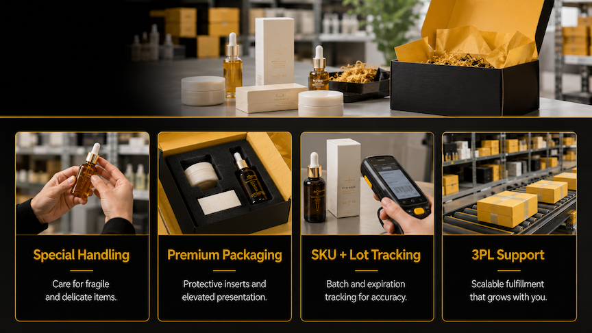 Collage of skincare packaging with text: Special Handling, Premium Packaging, SKU + Lot Tracking, and 3PL Support.
