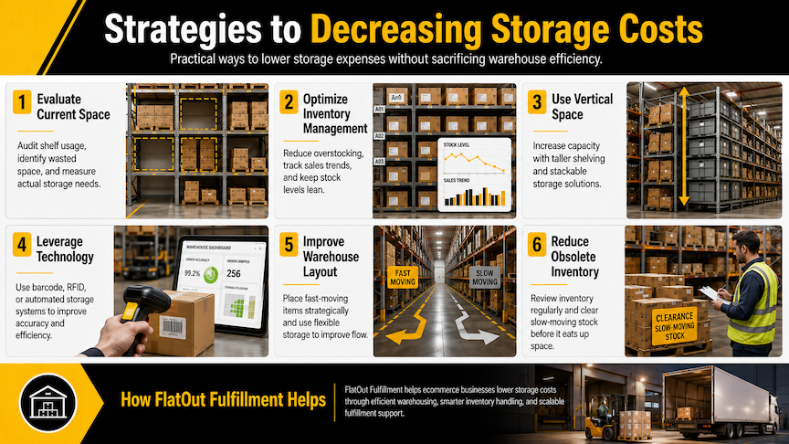 Infographic on decreasing storage costs with 6 warehouse tips, shelves, boxes, charts, forklifts, and a worker checking inventory.