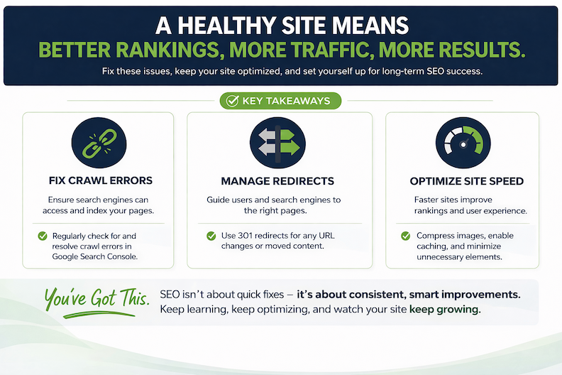 Infographic on SEO tips: fix crawl errors, manage redirects, optimize site speed. Emphasizes consistent improvements. Mood is motivational.
