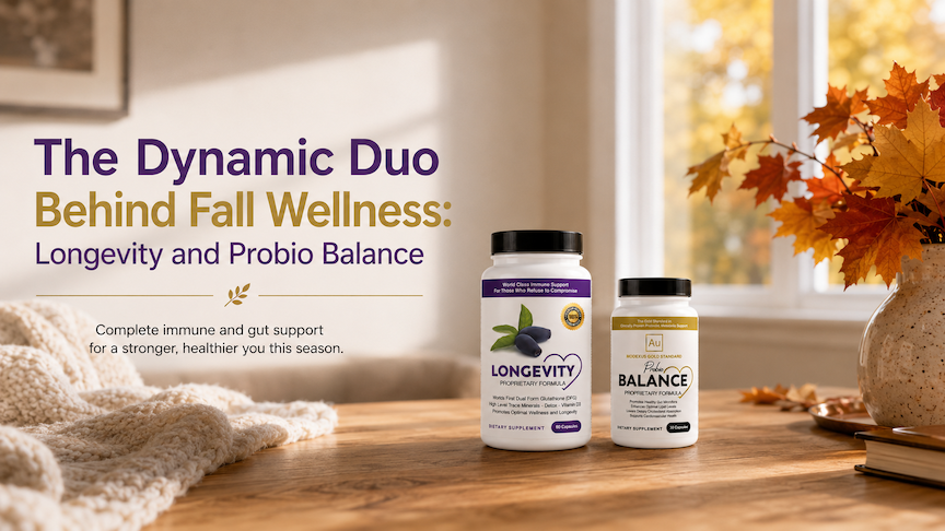 Ad with two supplement bottles on a wooden table in a cozy fall room, beside autumn leaves; text reads Dynamic Duo Behind Fall Wellness.