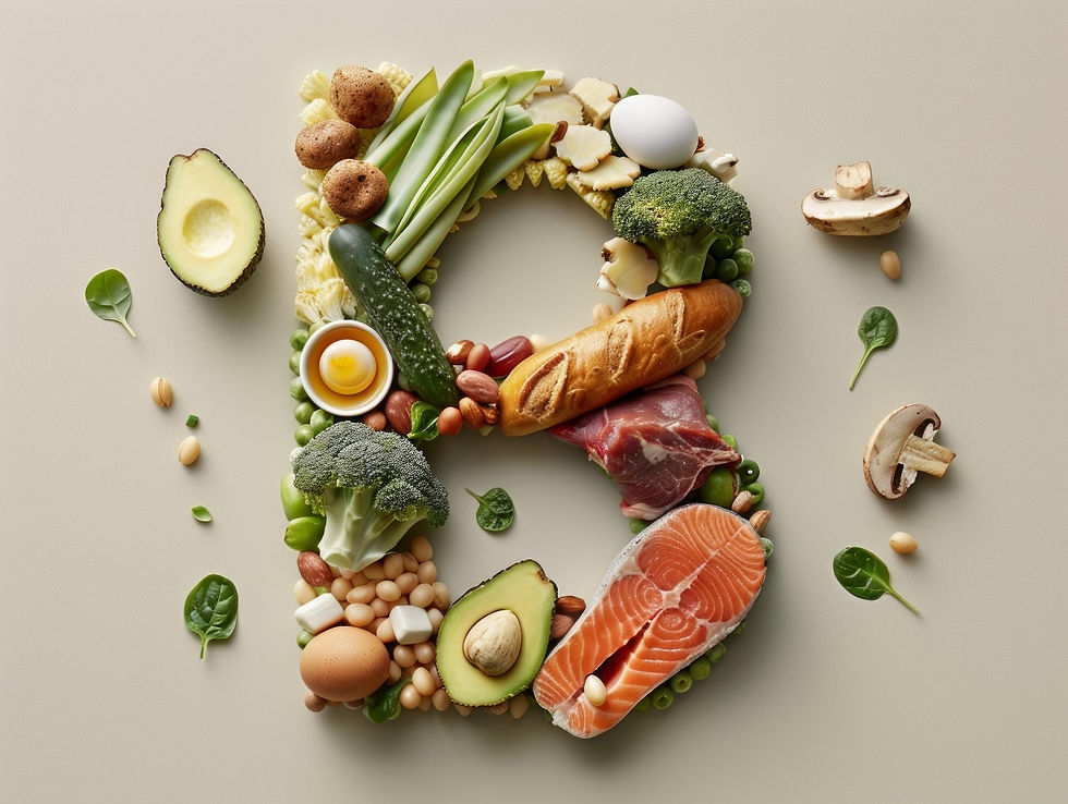 Graphic of a letter B made of all the foods that you can get vitamin B6 from.