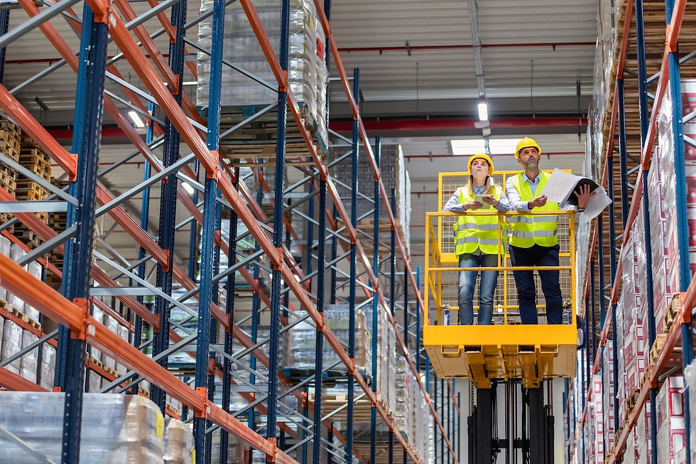 Two workers in a warehouse on a lift inspect shelves. They wear yellow safety vests and helmets, holding documents. Tall racks surround them.